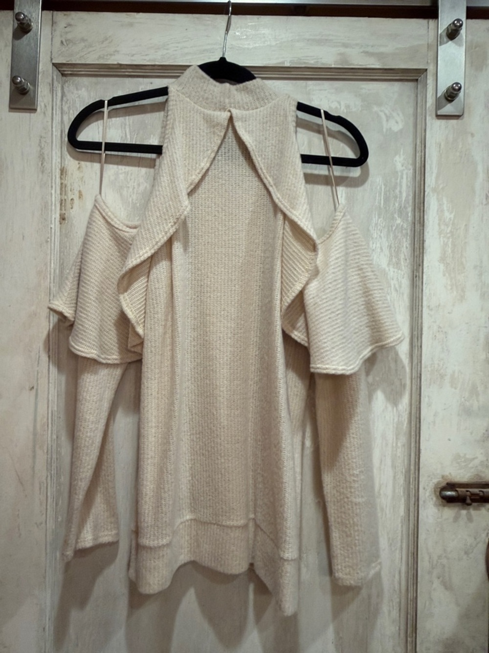 Cream Cold-Shoulder Ruffle Knit Sweater - Timeless Women's Pullover